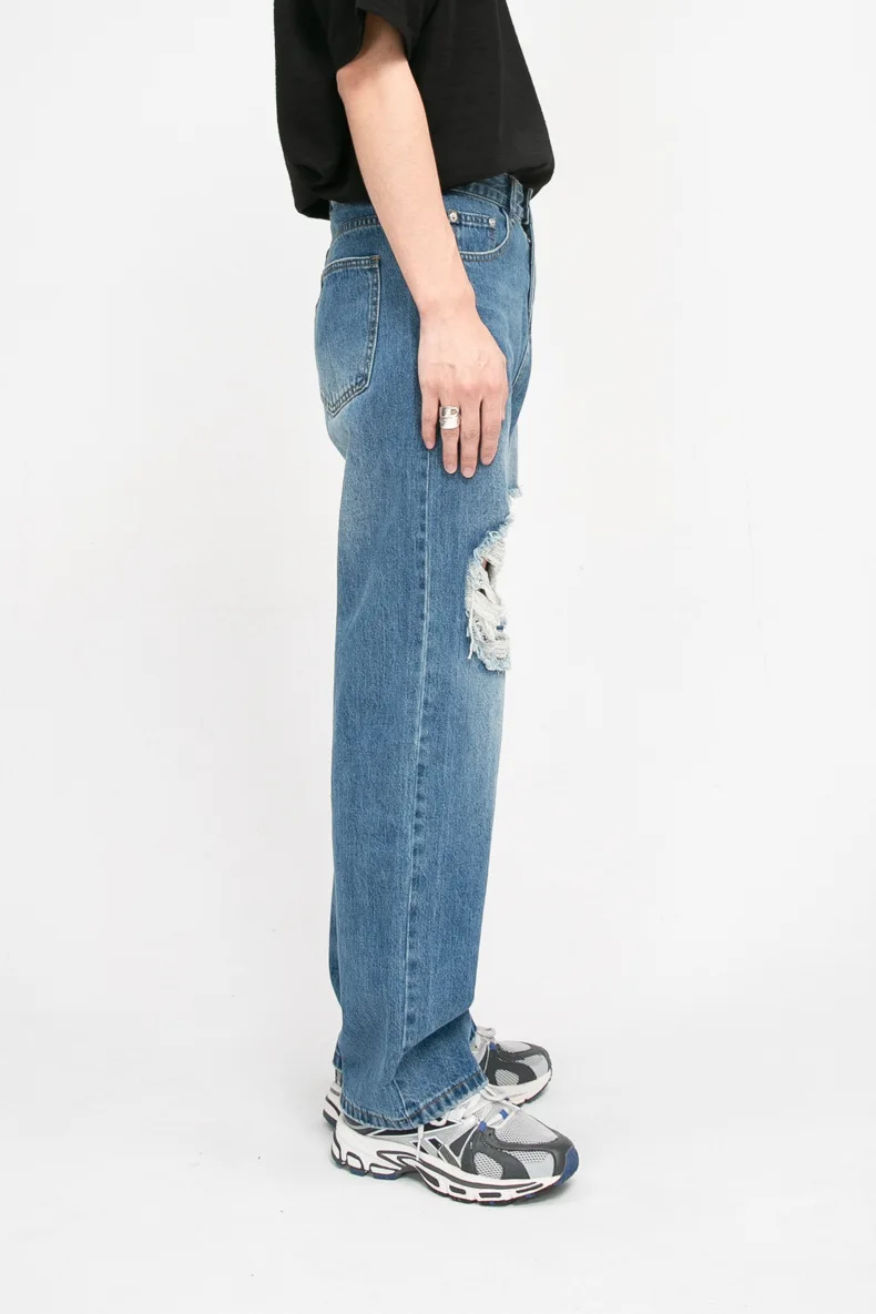 2024 Pantaloni rupți cu găuri la genunchi, design personalizat pentru bărbați, blugi distress de calitate albaștri_voghion.com