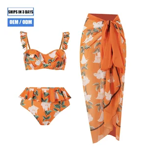 2026 New Women's Handmade Front Logo Floral Printed Bikini 3-Piece Swimsuit Spandex/Polyester Quick Dry Stretch Beachwear