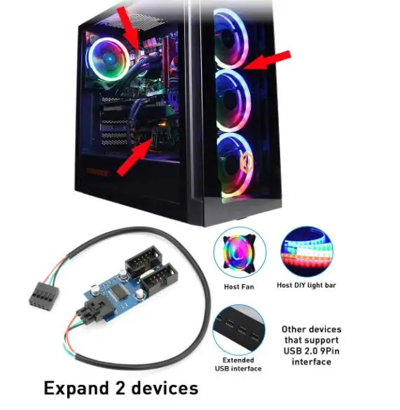 Divisor De Cabecera USB 9 Pines A 4 Puertos Internos - Con Alimentación SATA Para Ventiladores RGB