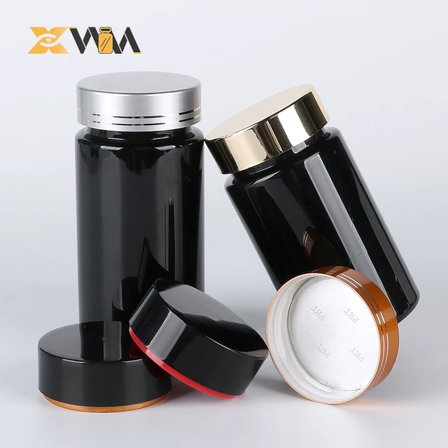 Food Grade 100ml 120ml 150ml PET Black Plastic Bottle with Custom Metallic Cap for Vitamin/ Capsule/ Tablet/ Pharmacy/ Medicine