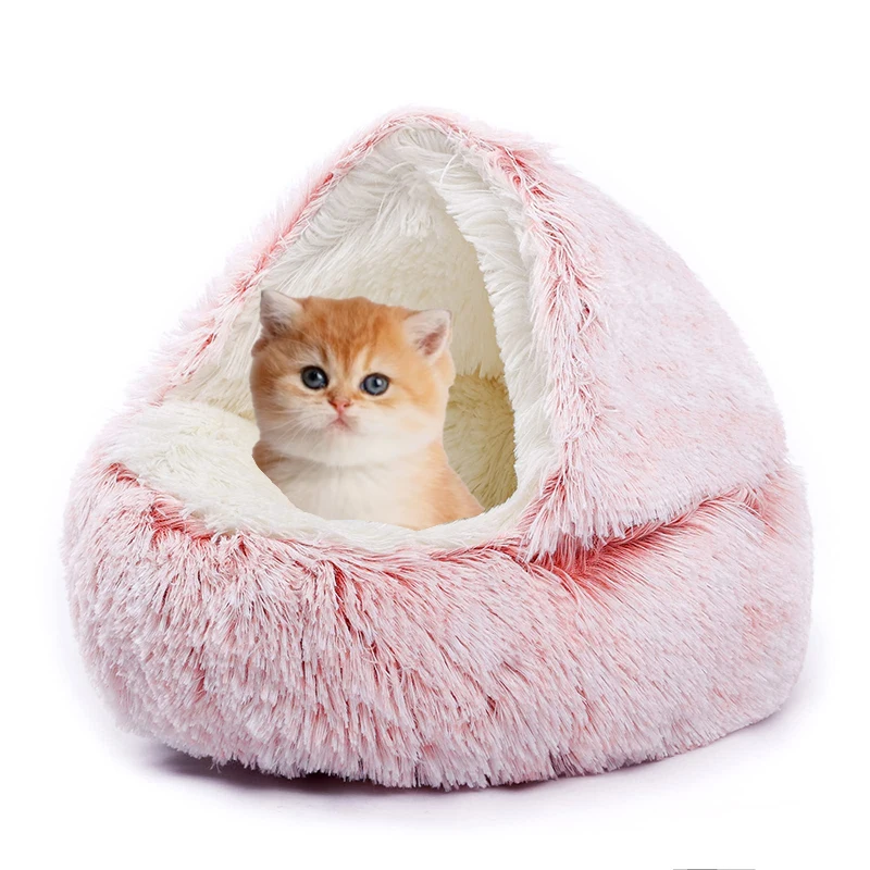 Waterproof faux fur cama para gatos fluffy luxury calming washable chew proof small pet bedding products cat cave pet dog bed