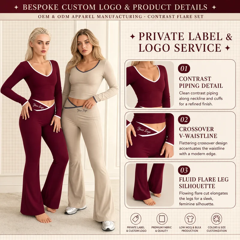 Women's 2 Piece Yoga Set Long Sleeve Crop Flared Pants Contrast Binding Four-Way Stretch Workout Activewear