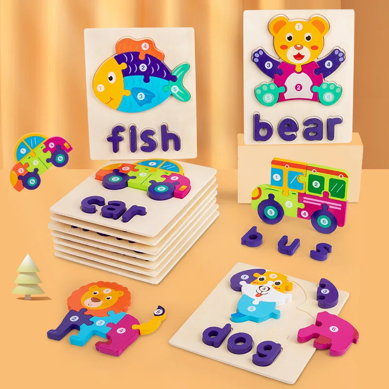 Hot Sale Animal Alphabet Matching Wooden 3D Puzzle Toddler 3-6 Educational Spelling Montessori Early Learning Puzzle