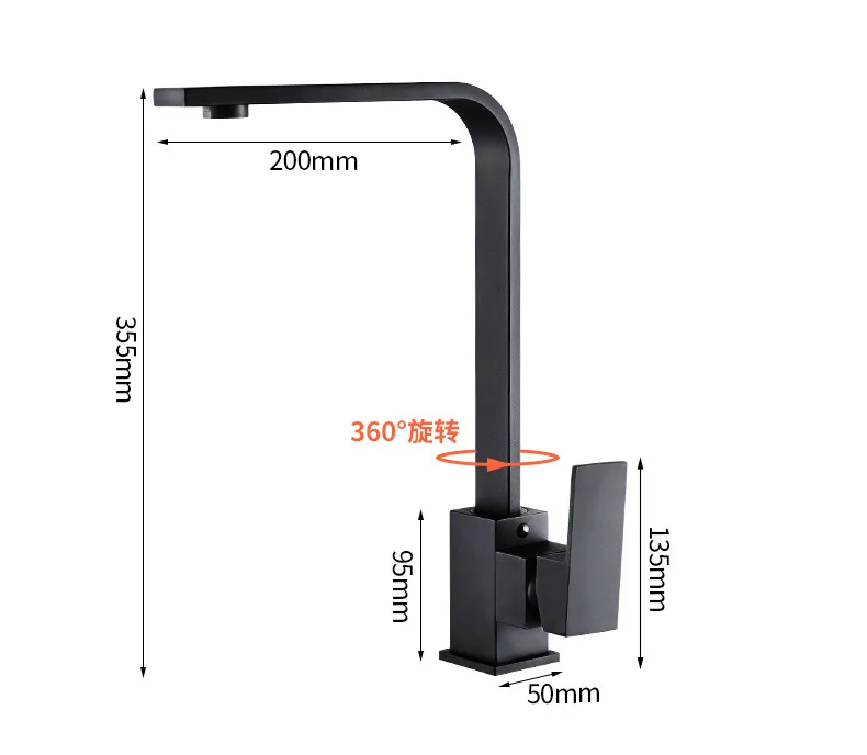 Factory Direct Black Square Kitchen Mixer Faucet Single-Handle Sink Tap for Hot & Cold Water Single-Hole Installation for Hotels