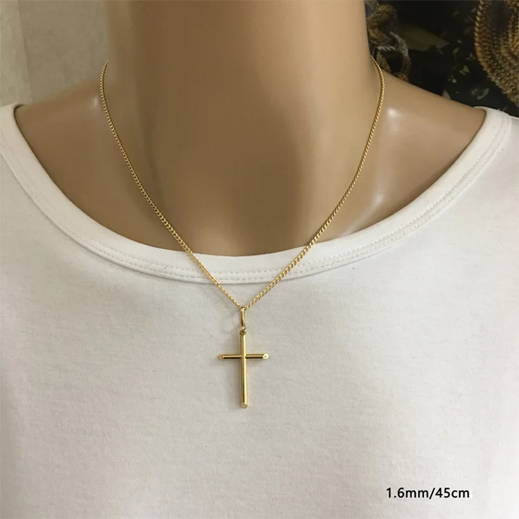 Firstmadam Fashion 18K Solid Gold Plain Cross Pendant Necklace Men Women