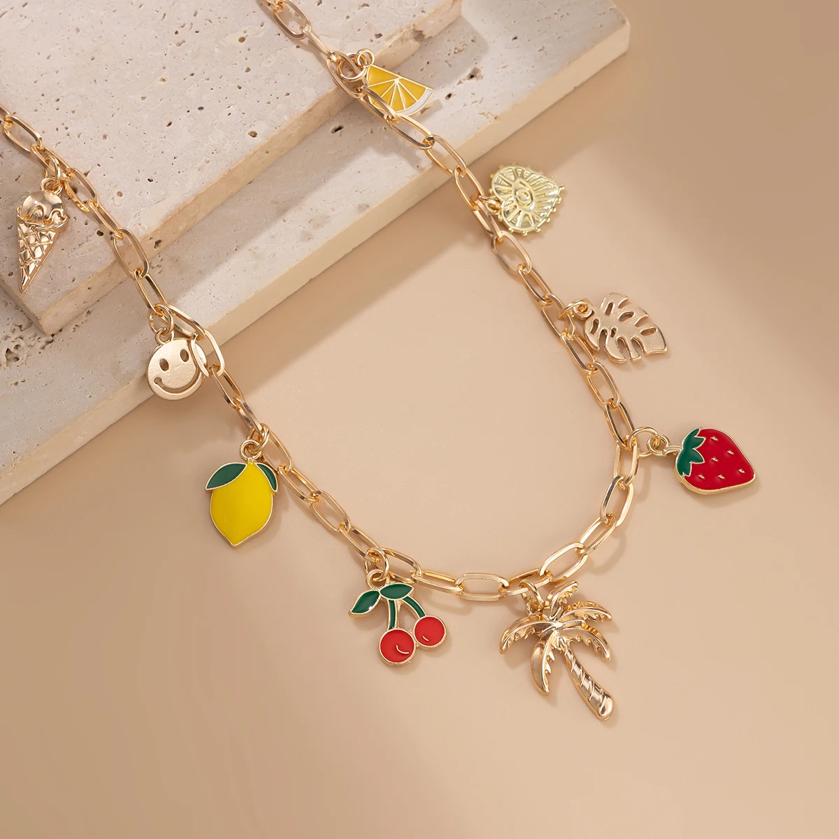 Bohemian Colorful Dripping Oil Fruit Coconut Tree Pendant Necklace for Women Creative DIY Boho Jewelry on Neck Accessories Gifts