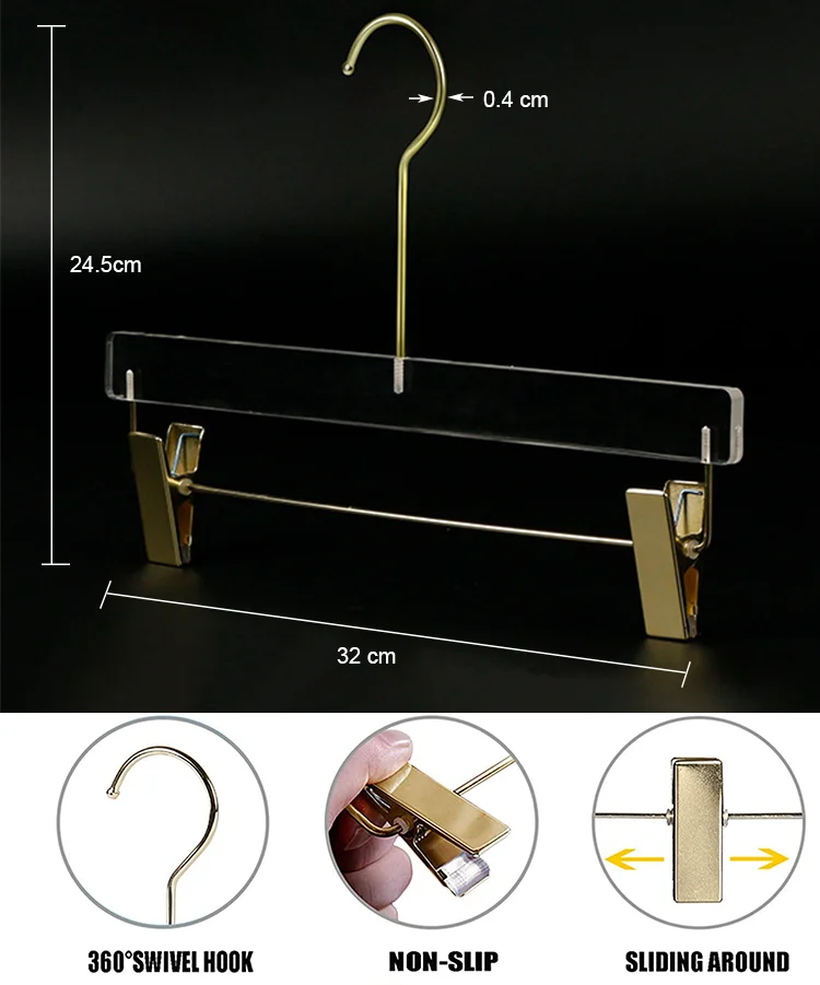 Premium Quality Clear and Gold Acrylic Pants Clips Hanger Transparent Clothing Hangers Standard