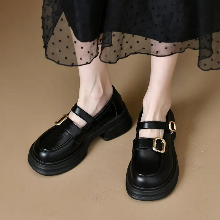 Spring New Black Loafers Shoes Women's Thick Soled Mary Jane Buckle ...