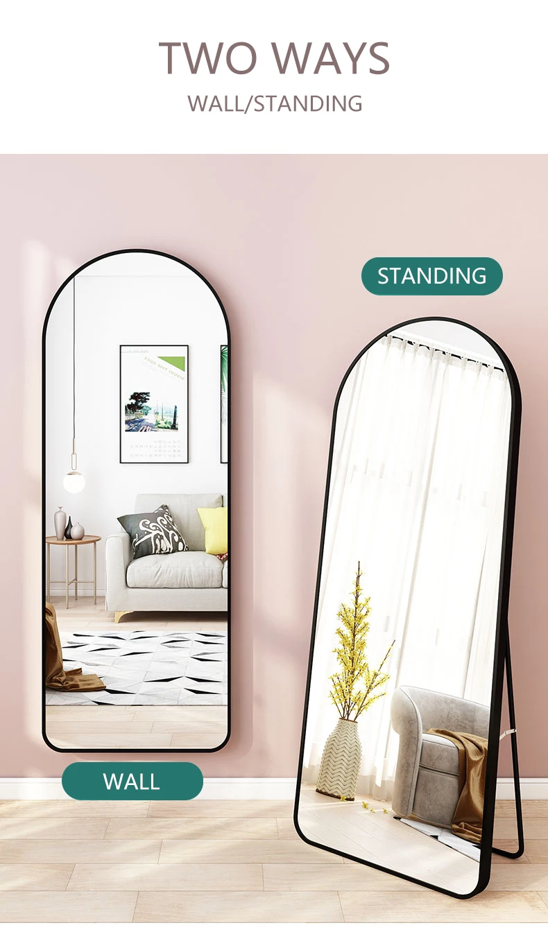 Gold Black Aluminium Frame Stand Large Arched Window Mirror Decorative