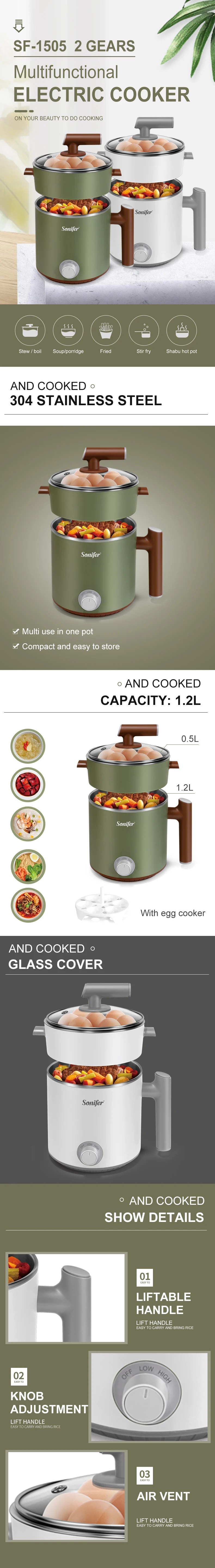 Sonifer Electric Cooker SF-1505 Mini Kitchen Appliances 1.2L Stainless Steel Cooker