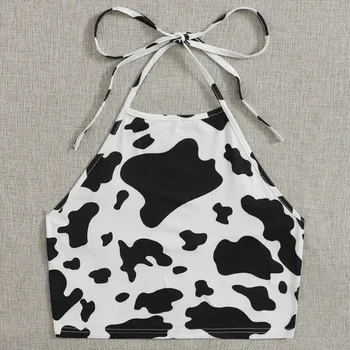 Summer Slim Halter Plus Size S-XL Sleeveless Sexy Irregular Cow Print Black White Mix Color Women's Crop Tank Top