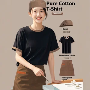 Custom Printed Logo Pure Cotton Short Sleeve T-Shirt for Restaurant Bar Workers Summer Catering Waiter Hot Workwear Accessories