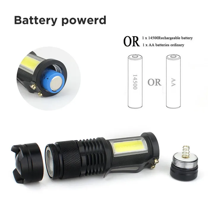 AA or 14500 Battery Powered Pocket Clip Mini Zoomable LED Flashlight with COB Flood Camping Light