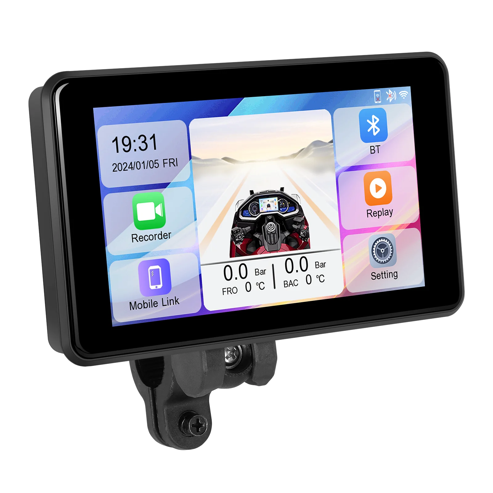 podofo 5 inch motorcycle portable wireless carplay screen android auto recording dvr navigation gps with front rear camera a3996-13