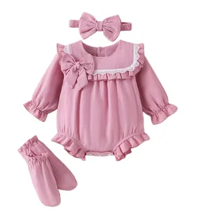 Autumn Cute Knitted Long-Sleeved Baby Romper Fashion 3-Piece Set with Bow Headband and Socks Wholesale Baby Clothing
