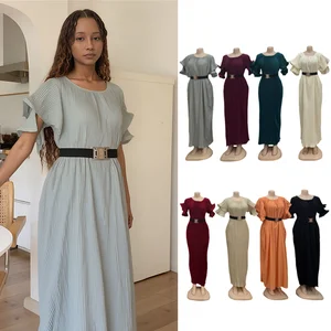 Wholesale Women's Loose Elegant Round Neck Short Sleeve Casual Large Size Belt Dress