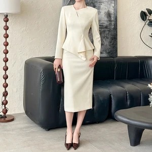 ZYHT 35398 Women's Dresses Elegant Apricot Midi Dress with Peplum Waist & Long Sleeves Asymmetric Neckline Casual Dress