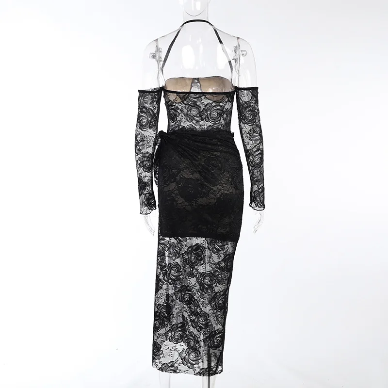 European Style Mesh Design Long Sleeve Black Dress Set 2022 Sexy Girl off Shoulder Tight Waist See Through Lace Dresses
