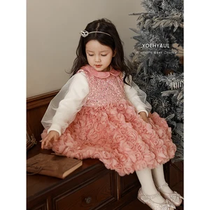 YOEHYAUL D3210 1-8T Princess 2 Piece Baby Girl Flower Dress and Sweater Winter Pink or Red Toddler Baby Girl Frock Party Dress