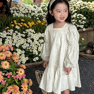 New Girls' Floral Bubble Sleeve Cotton Dress Lace French Style Casual Print Children Season Summer Clothes for Kids