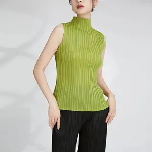 2025 Summer Women's Vest Miyake Latest Design Sleeveless Tank Top With Turtleneck Casual Style Pleated Polyester Fabric