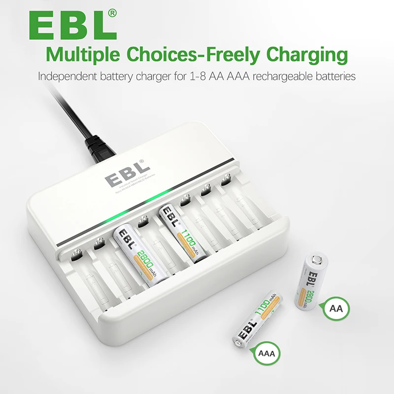 EBL Rechargeable AA Batteries 2800mAh 8 Pack and 8-Bay AA AAA Individual  Rechargeable Battery Charger with 5V 2A USB Fast Charging Function