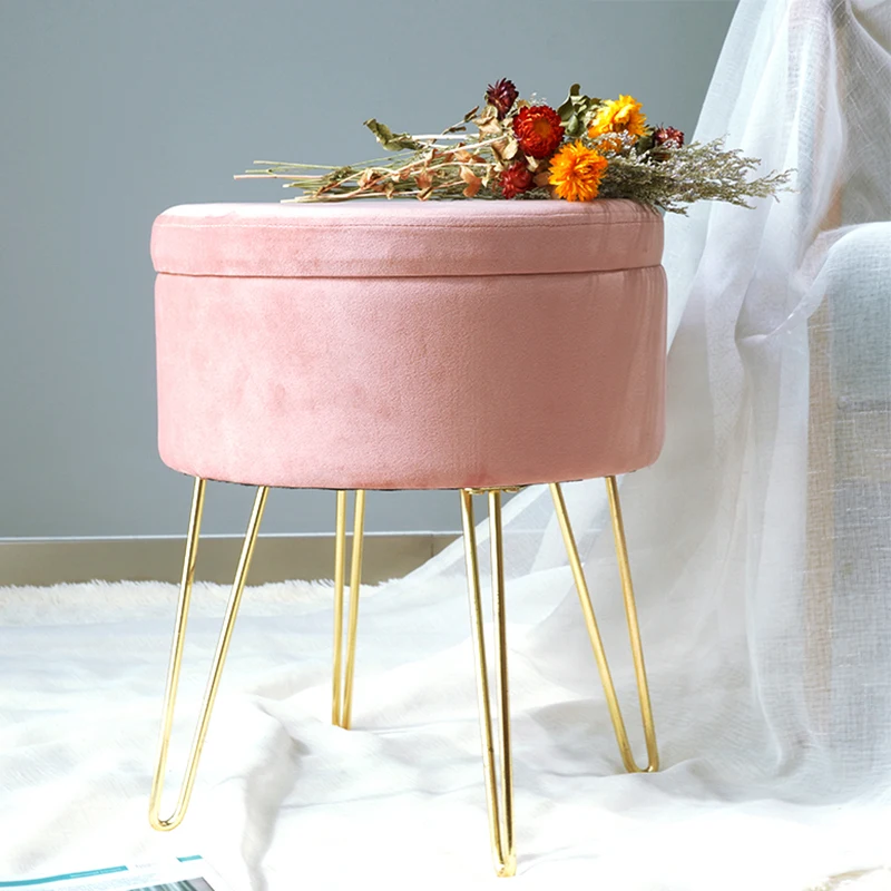 Modern Luxury Elegant Nordic Foot Stool Sofa Wood Legs Round Velvet Small Ottoman Stool