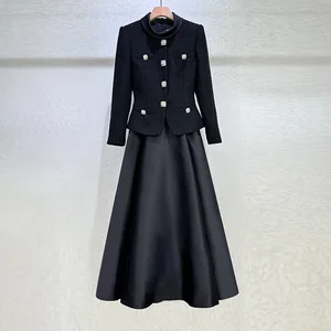 Factory Wholesale Autumn Winter Office Ladies Dress Women Chic Party Wear Black Tweed-Mesh Satin Patchwork High-Waist Dress