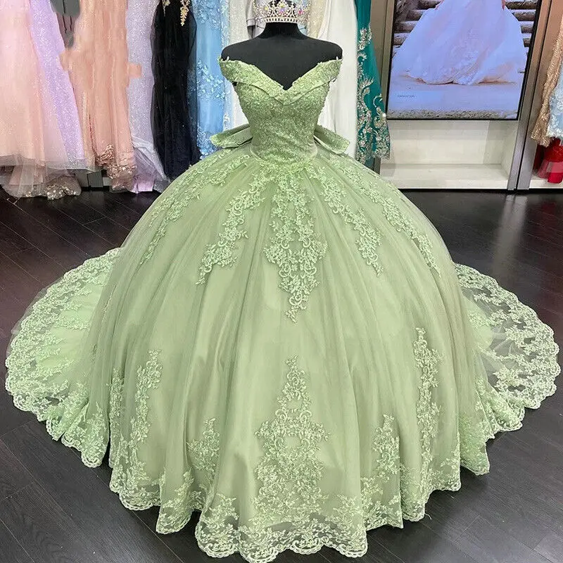sage green quince dress Long Off Shoulder Ball Gown Quinceanera Dress main image 1