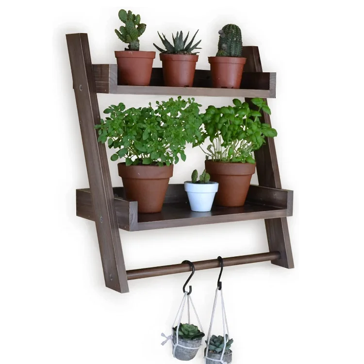 Hot Sale Hanging Plant Shelves Patio Garden Brown Wooden Wall Flower ...