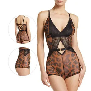 OEM/ODM High Quality Galloon Printed Mesh Lace Teddy Leopard Bodysuits for Women Lingerie Sexy Underwear Sexy Lingerie Bodysuit