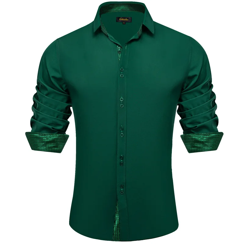 New Dress Shirt for Men Solid Sea Green Splicing  Long Sleeve Shirt Business Formal  Slim Fit Social Shirts Male Clothes