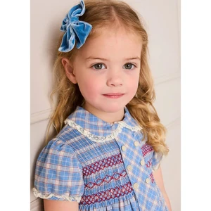 Good Quality Elegant White Blue White Plaid Pattern Peter Pan Collar  Short Puff Sleeves  Girls Dress Outfit