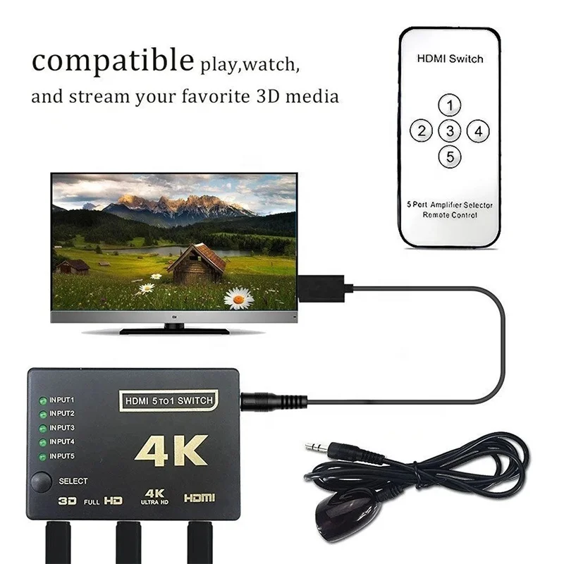 5 in 1 Out HDMI Switcher 5x1 4K 30Hz 5 Ports HDMI Switch With Remote Control IR Receiver - 4K HDMI 5 Port