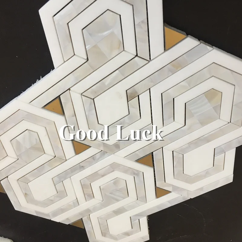 Nature Shell Mix Brass and Marble Waterjet Mosaic Tiles for Wall Decoration