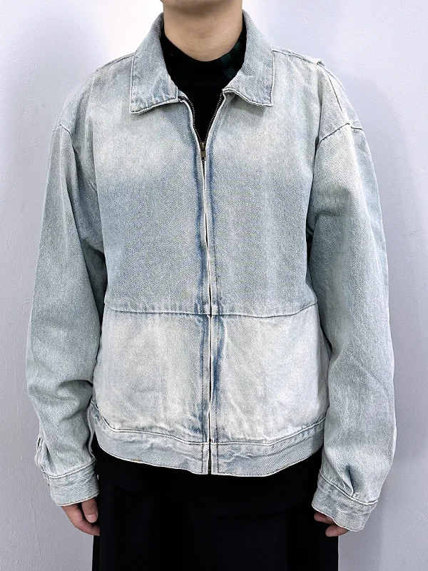 Gradient Patchwork Washed Medium Hole Nylon/Cotton Vintage Short Denim Jacket Retro Simple Loose Casual Trendy Brand Men's Style