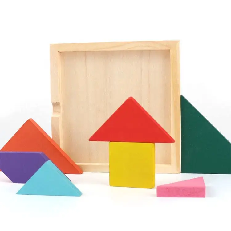 Hot Interactive Learning Education Wooden Tangram Jigsaw Toys Board Colorful Tangram Multicolour Wood Geometric Shape DIY Puzzle