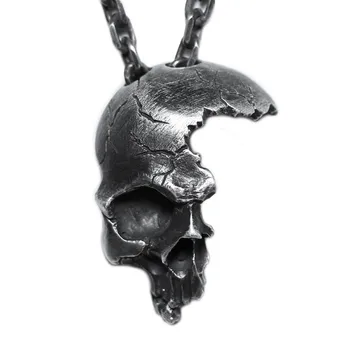 New Arrival Gothic Halloween Necklace Long Punk Old Silver Half Skull Pedant Necklace for Halloween Party
