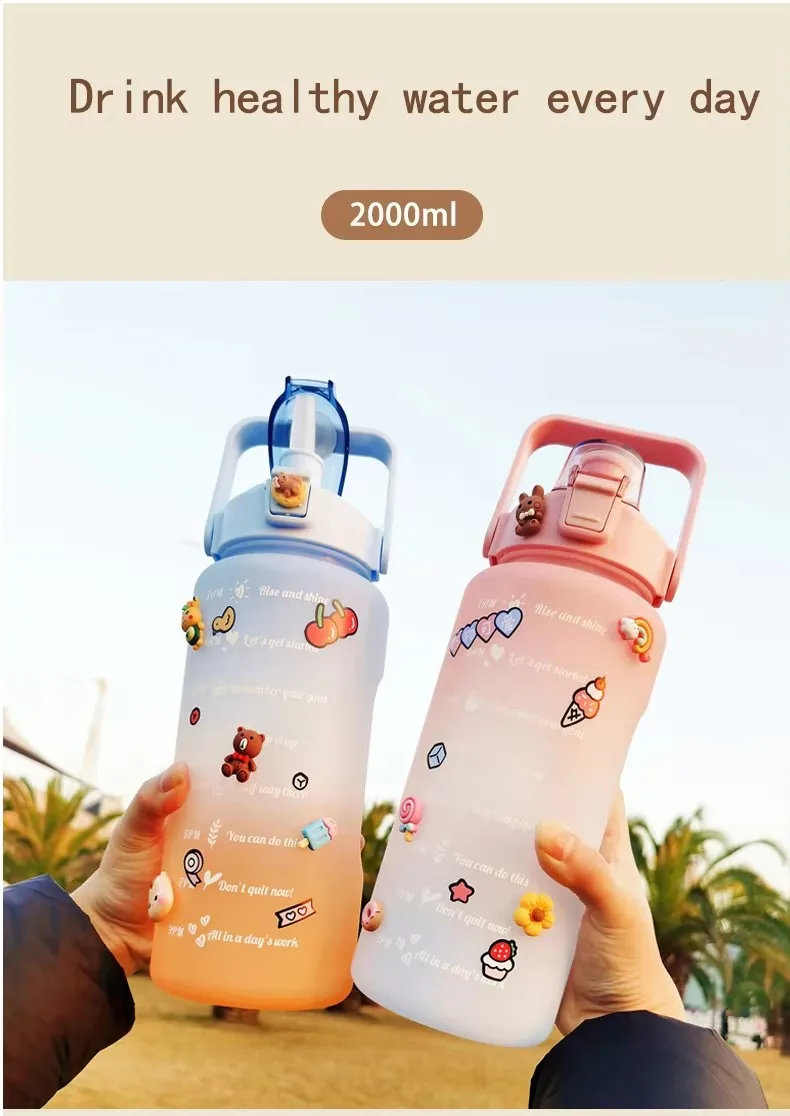 product custom bpa free plastic large capacity drinkware 2000ml  flip straw water bottle with time marker  diy stickers for sports gym-1