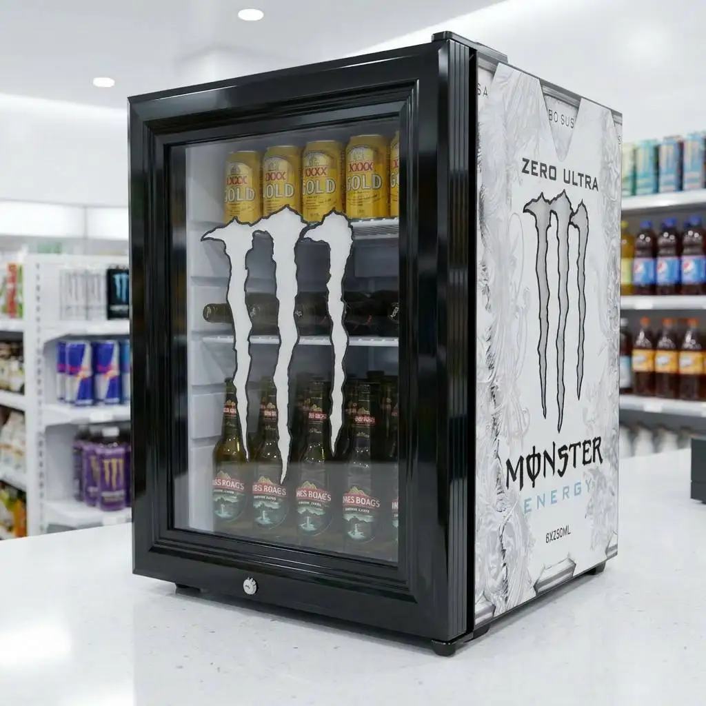 業務用エナジードリンク陳列クーラー、カスタムLEDロゴ付き、ガラス扉