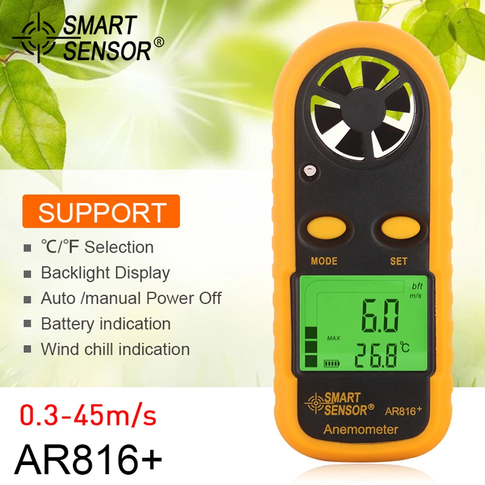 Mini Digital Anemometer Smart Sensor AS816 0.3-30m/s Wind Speed Temperature Air Flow Tester 