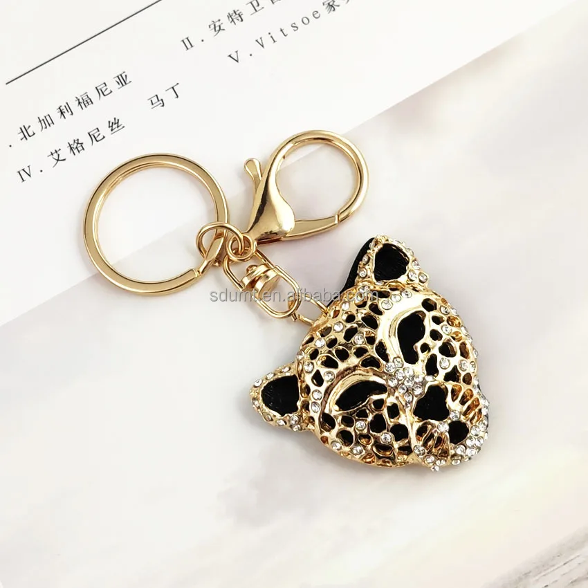 Golden Craft Design Keychain Rhinestone Leopard Head Key Chain Pendant