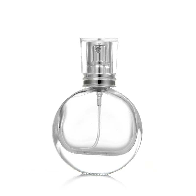 Low MOQ Wholesale Transparent Flat Round Empty 30ml Glass Spray Perfume Bottle with Acrylic Cap