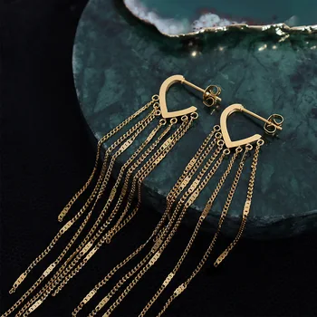 Poya 18K Gold Plated Silver Stainless Steel Hoop Statement Long Chain Tassel  Dangle Drop Earrings for Women