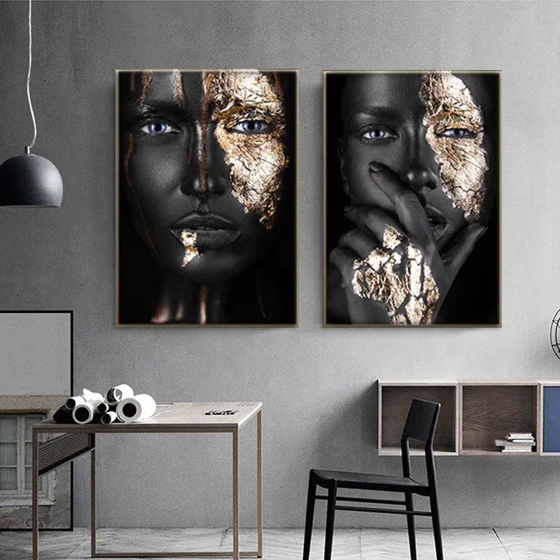 Tableau Mural African Art Black And Gold Woman Prints Scandinavian Wall