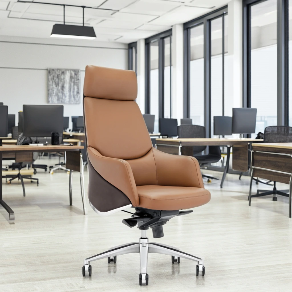Premium Executive Leather Chair Synchronous Tilt System Frosted Alloy Legs Corporate Status Piece 6