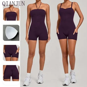 Custom Logo Slim Fitting Adjustable Shoulder Strap Halter Shapewear Bodysuit Side Pockets Tummy Control Shorts Bodysuit