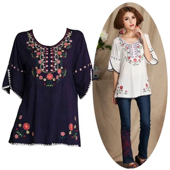 Womens Traditional Ukrainian Embroidered Blouses Cotton Linen Mexican Boho Tops Bohemian Bell Sleeve Tunic Floral Shirt