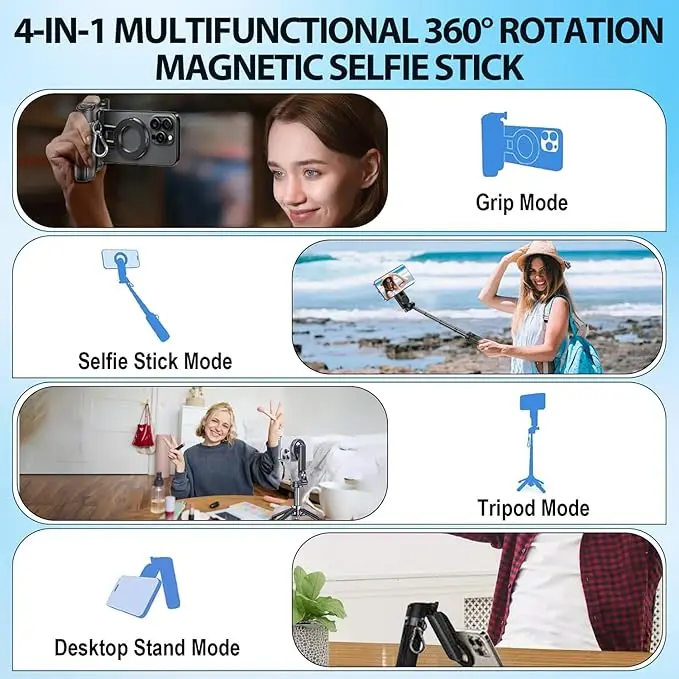 4 in 1 Multifunctional Magnetic Selfie Stick 360 Degrees Rotation Portable Extendable Mag Tripod for Video Recording Vlog Pocket