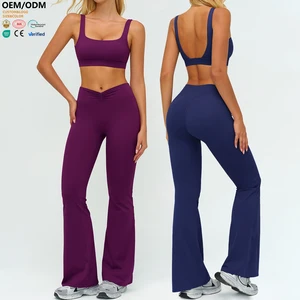 XW-TZ9313-5 Slimming Legging Butt Lifting Sports Bra Gym Clothing Activewear Flare Pants Chest Pad 2 Piece Yoga Wear Set